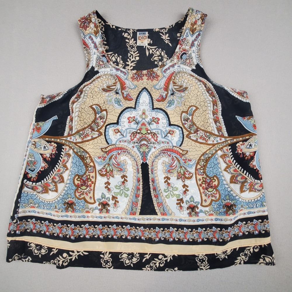 Bila Blouse Women's Size M Boho Cross Back Sleeveless Paisley Black Blue Tan Top
